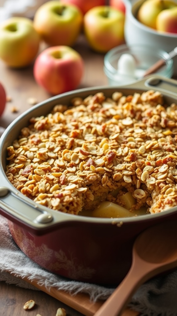 An inviting dish of vegan apple crisp topped with crispy oats, surrounded by fresh apples and a wooden spoon, ready to be served.